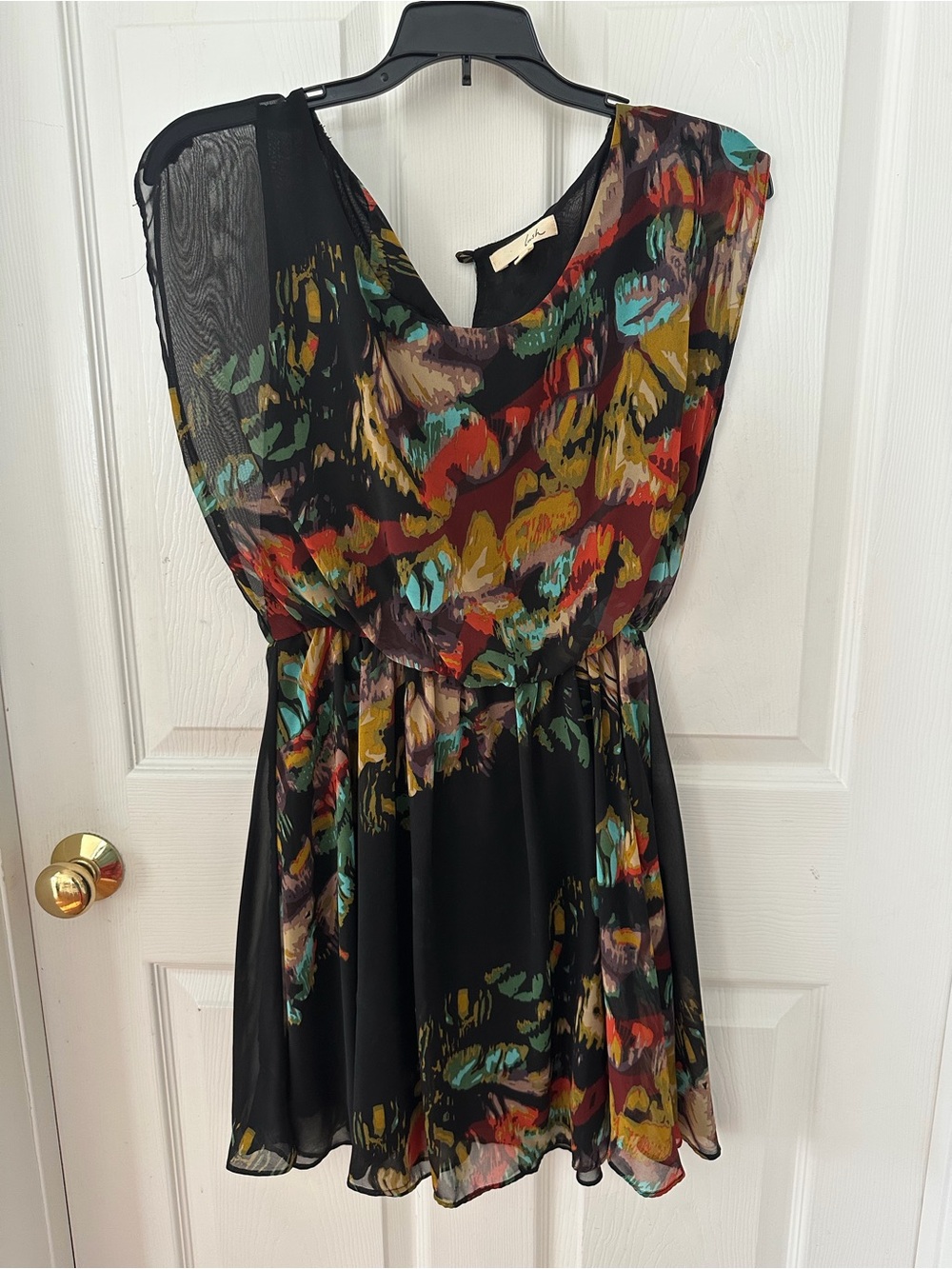 Lush Black Chiffon Dress with Multicolor Brushstroke Print